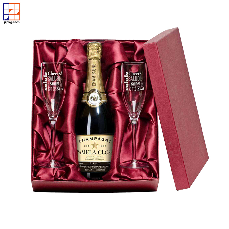 Custom made empty champagne glass and bottle gift set paper packaging boxes with silk lined insert