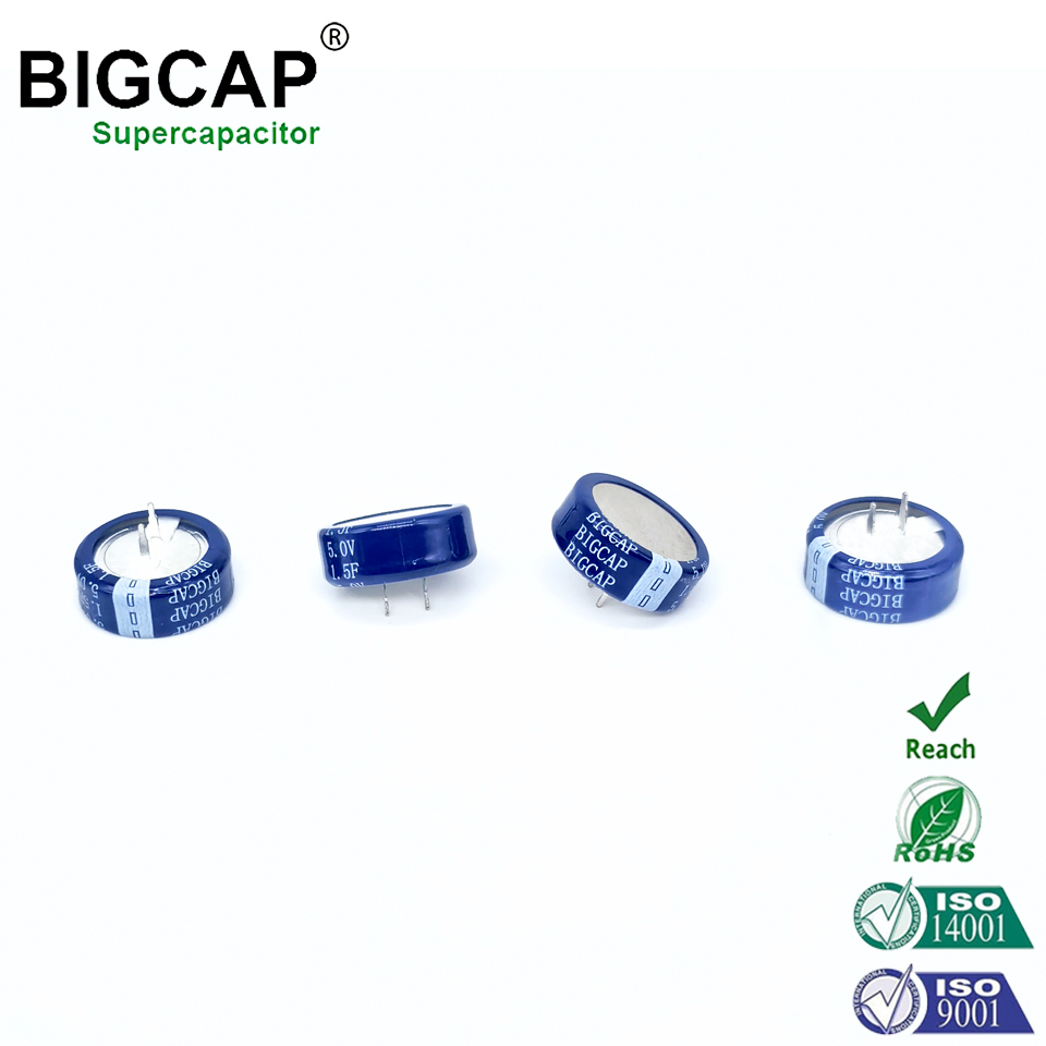 Supercapacitor BIGCAP de 5,0V 1,5f, tipo moeda, com longa vida útil e baixa corrente de fuga, ideal para alimentação de reserva.