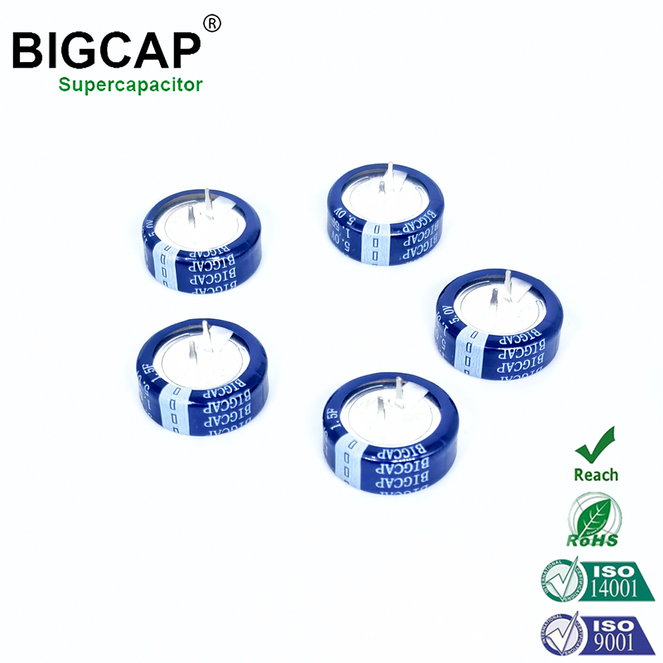 Supercapacitor BIGCAP de 5,0V 1,5f, tipo moeda, com longa vida útil e baixa corrente de fuga, ideal para alimentação de reserva.