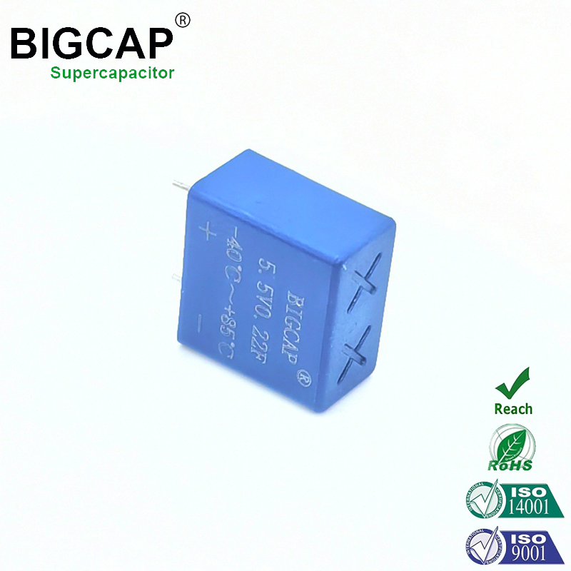Supercapacitor totalmente selado de 5,5 V e 0,22 F, capacitor EDLC à prova de umidade, resistente ao envelhecimento e sem vazamentos para pequenos equipamentos eletrônicos.