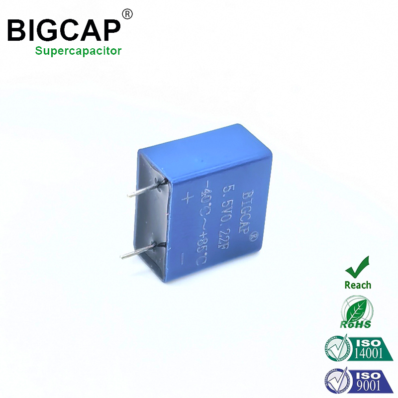 Supercapacitor totalmente selado de 5,5 V e 0,22 F, capacitor EDLC à prova de umidade, resistente ao envelhecimento e sem vazamentos para pequenos equipamentos eletrônicos.