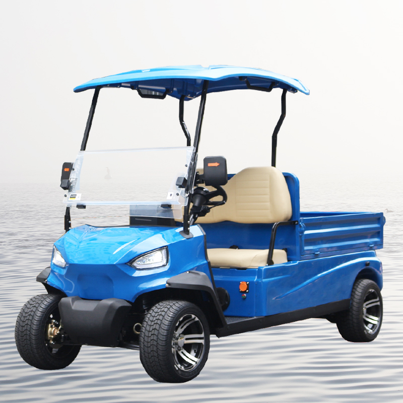 Electric golf cart with cargo box for transport