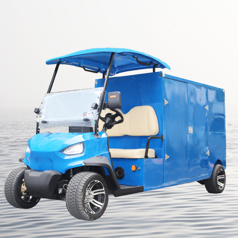 Electric golf cart with cargo box for transport