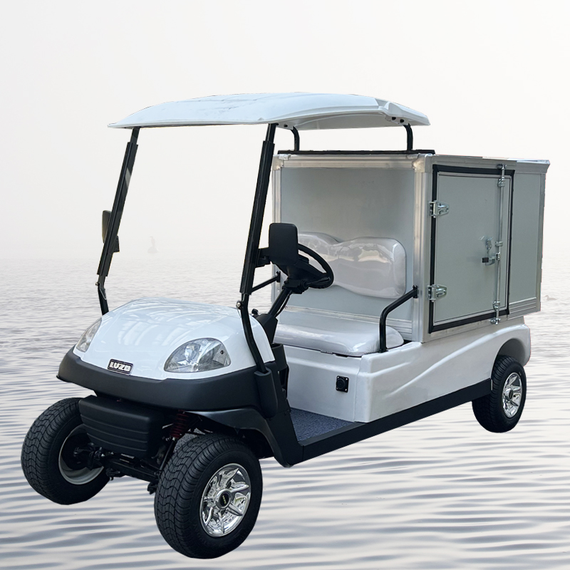 Electric golf cart with cargo box for transport