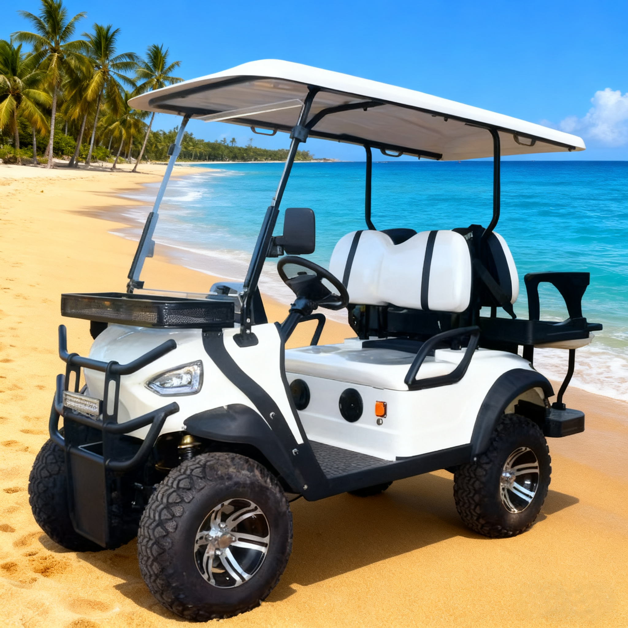 White Beach-Ready Golf Cart - All-Terrain Tires for Sand & Coastal Commuting