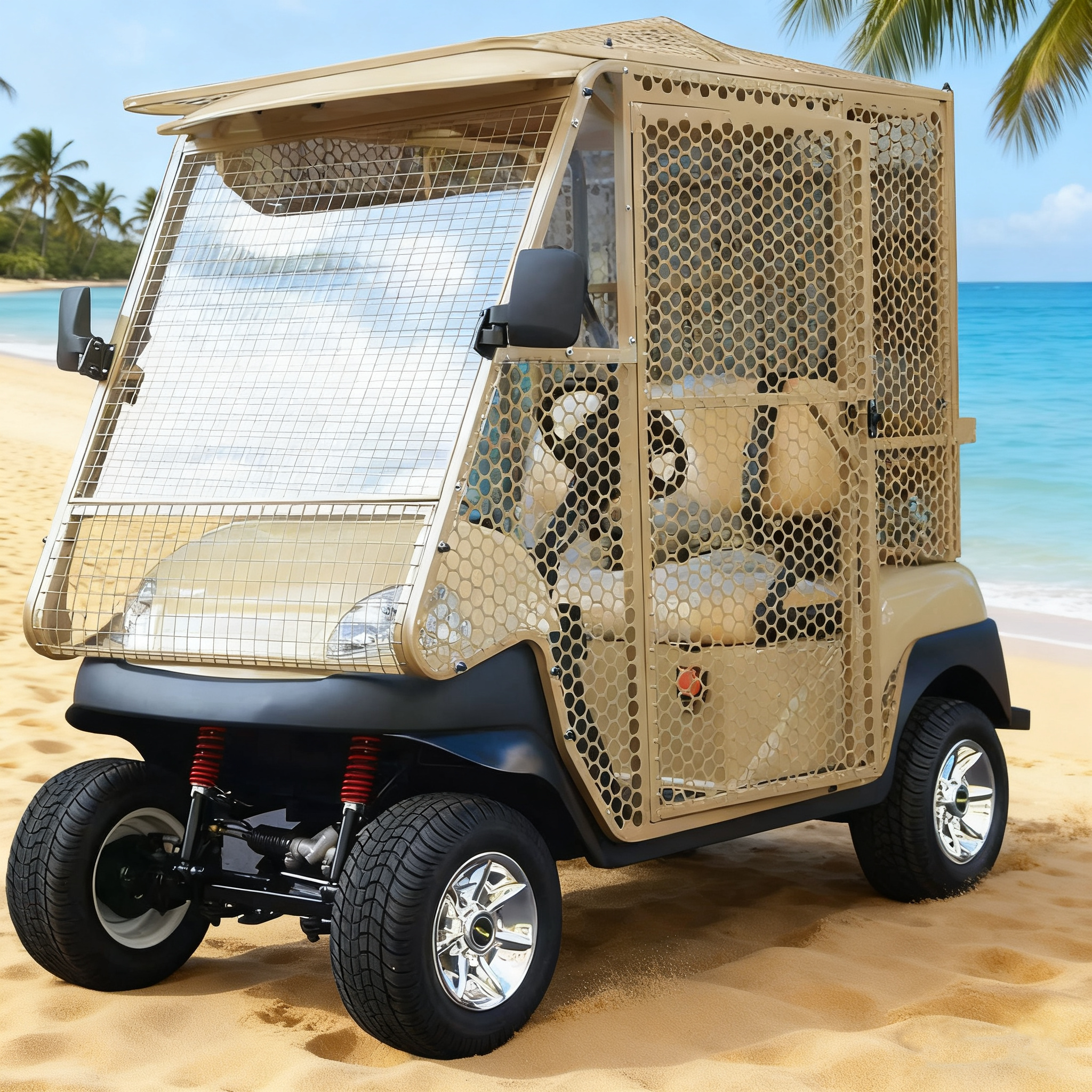 All-Terrain Enclosed Golf Cart with Mesh Design, Suitable for Coastal & Off-Road Operations