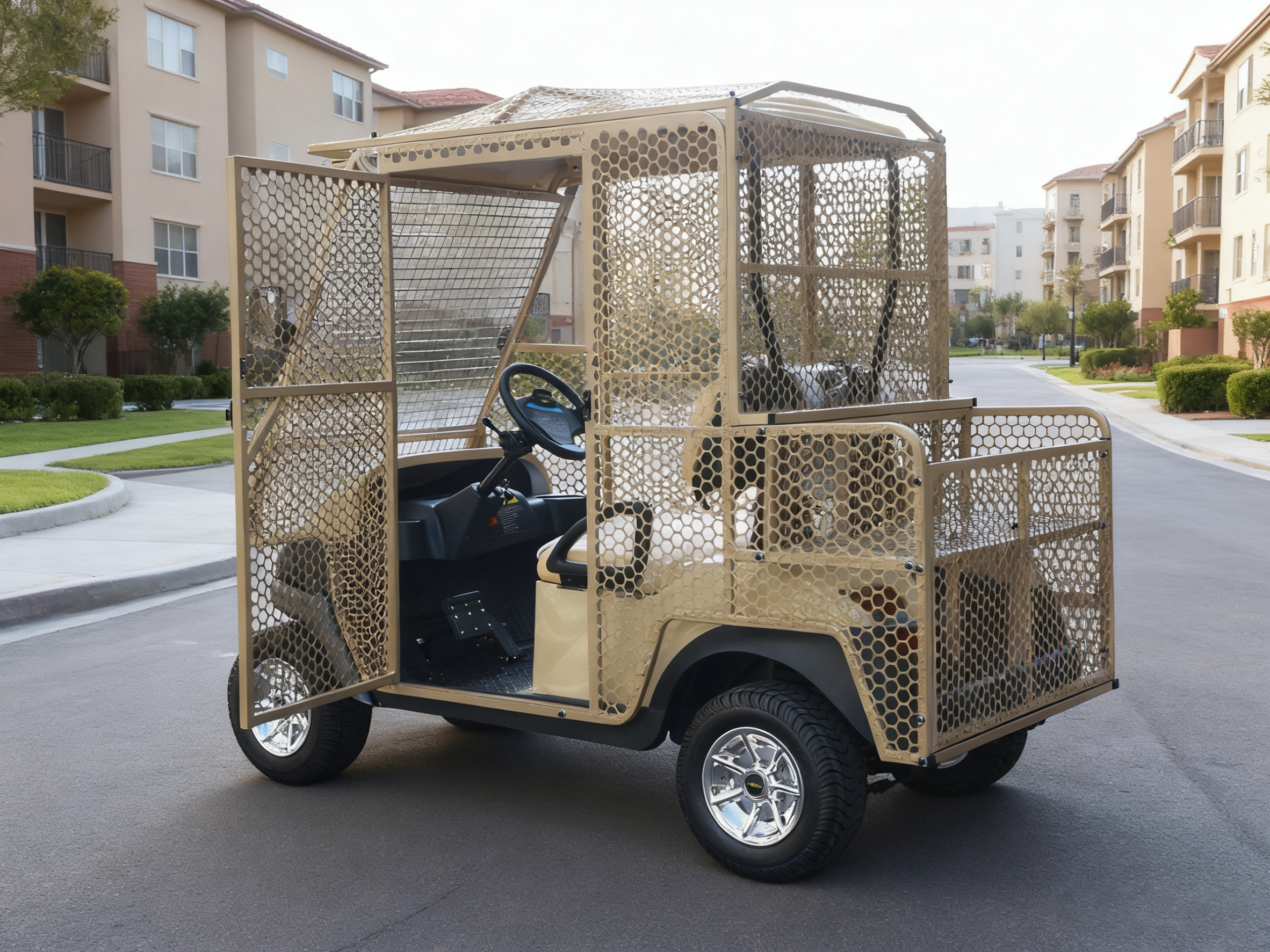 Secure Mesh Electric Golf Cart, Featuring Robust Build for Beach and Recreational Area Transport