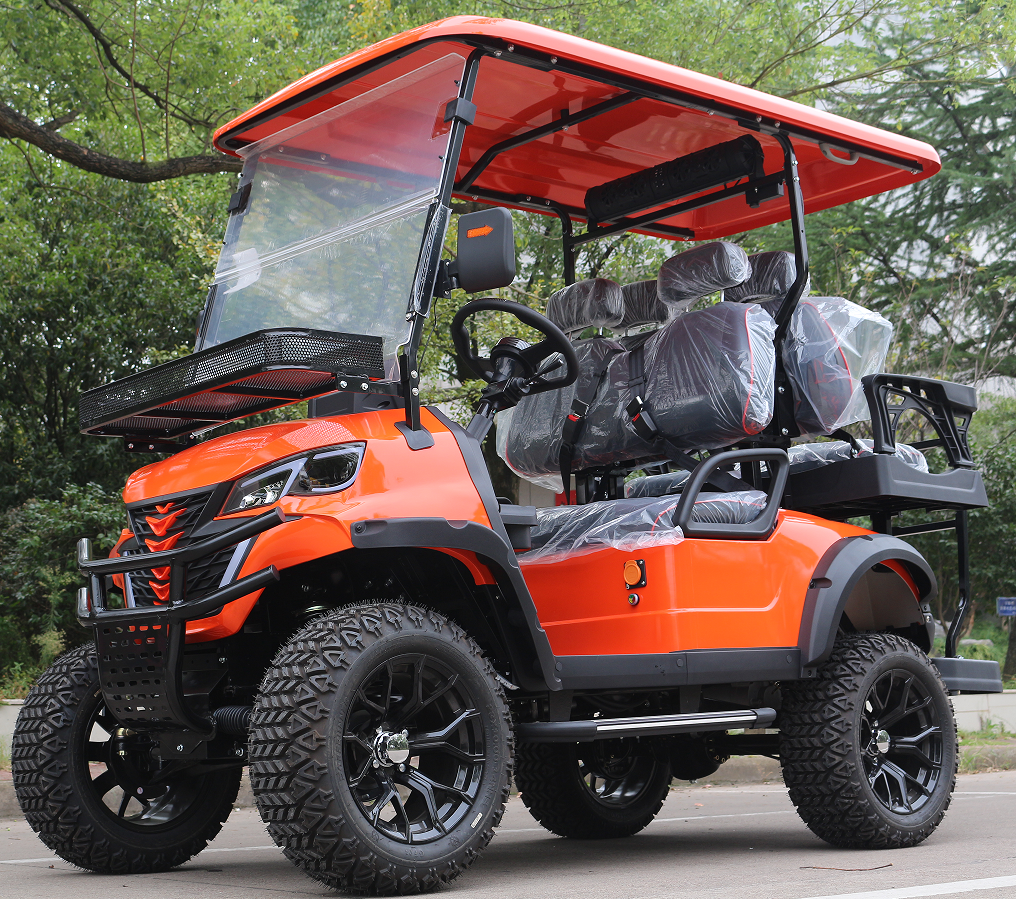 Rugged Orange Electric Golf Cart with Multi-Seating, Engineered for Golf and Off-Road Missions