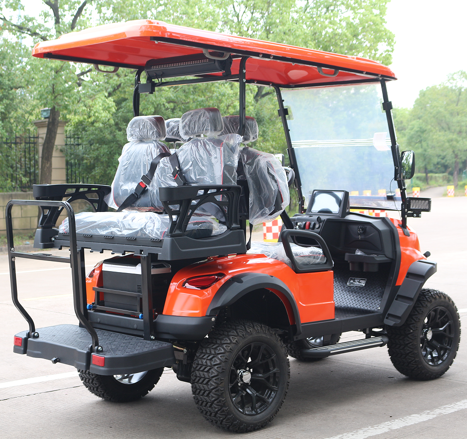 Rugged Orange Electric Golf Cart with Multi-Seating, Engineered for Golf and Off-Road Missions