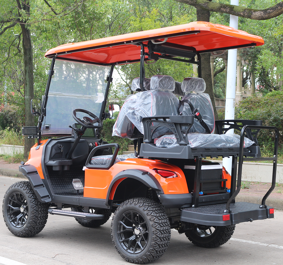 Orange Electric Golf Cart with Off-Road Capability, Ideal for Golf Course and Outdoor Recreation