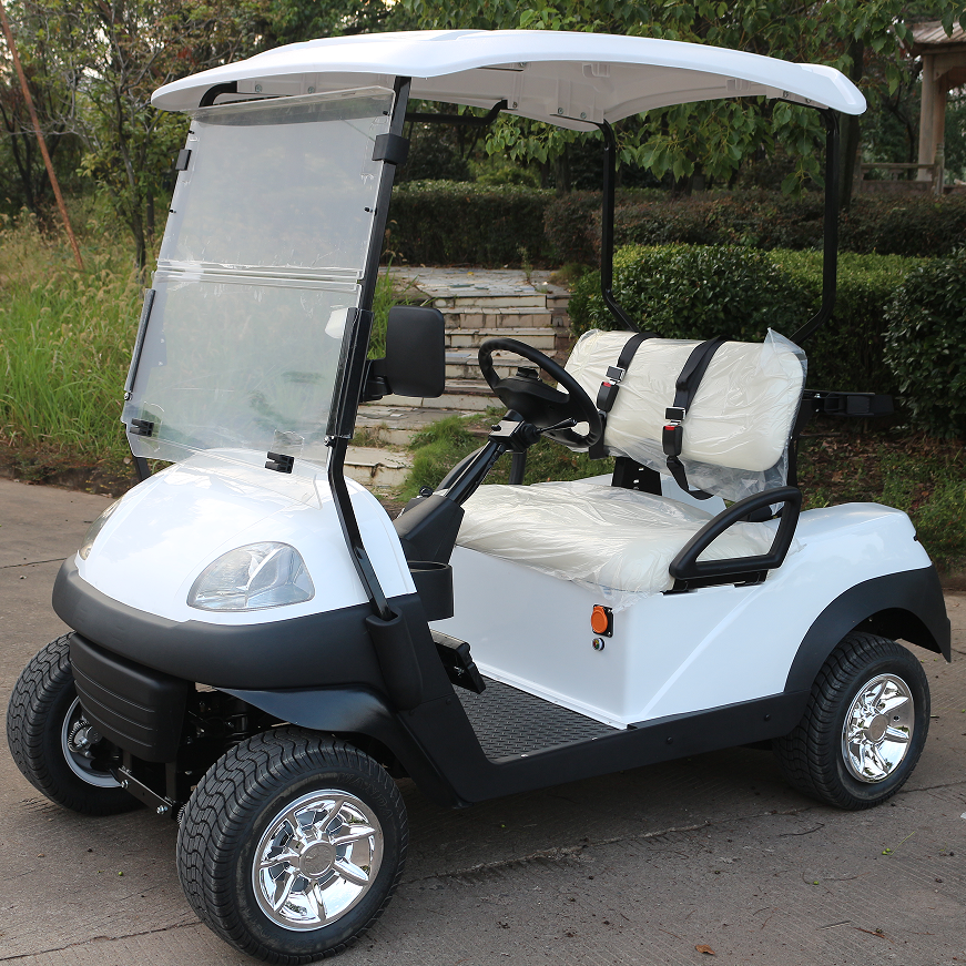 White Electric Golf Cart with Transparent Windshield, Ideal for Golf Course and Community Travel