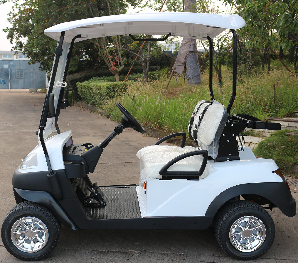 White Electric Golf Cart with Transparent Windshield, Ideal for Golf Course and Community Travel