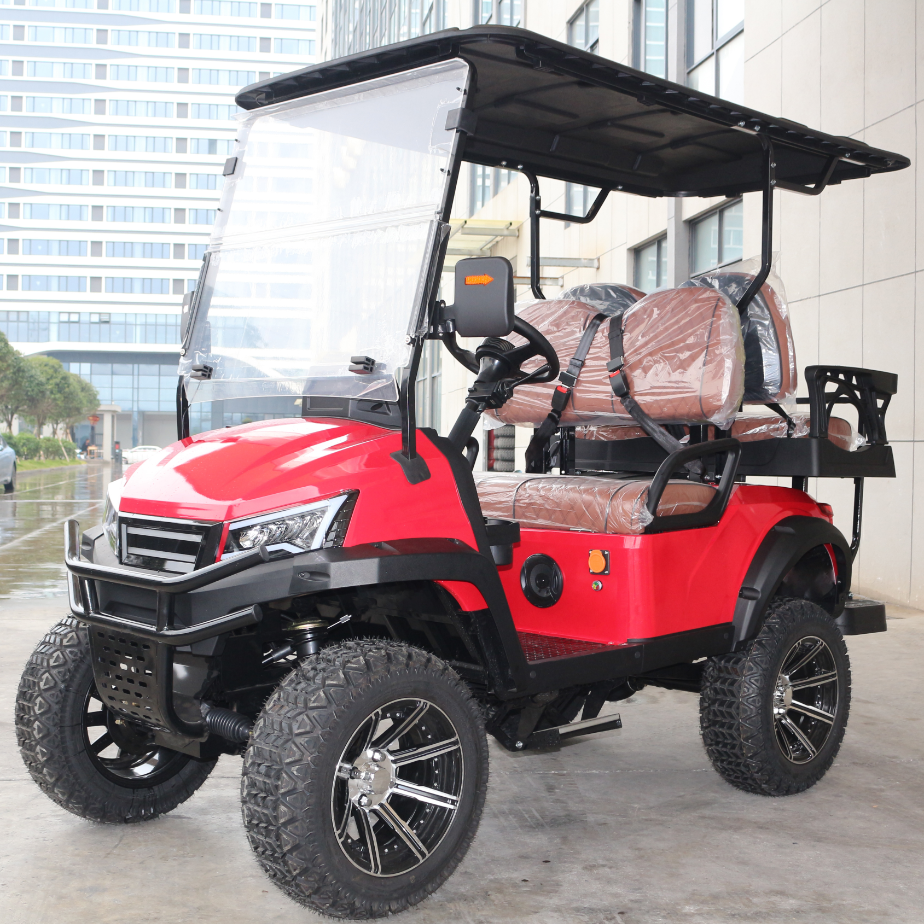 Heavy-Duty Red Electric Golf Vehicle with Rugged Tires, Perfect for Golf and Off-Road Exploration