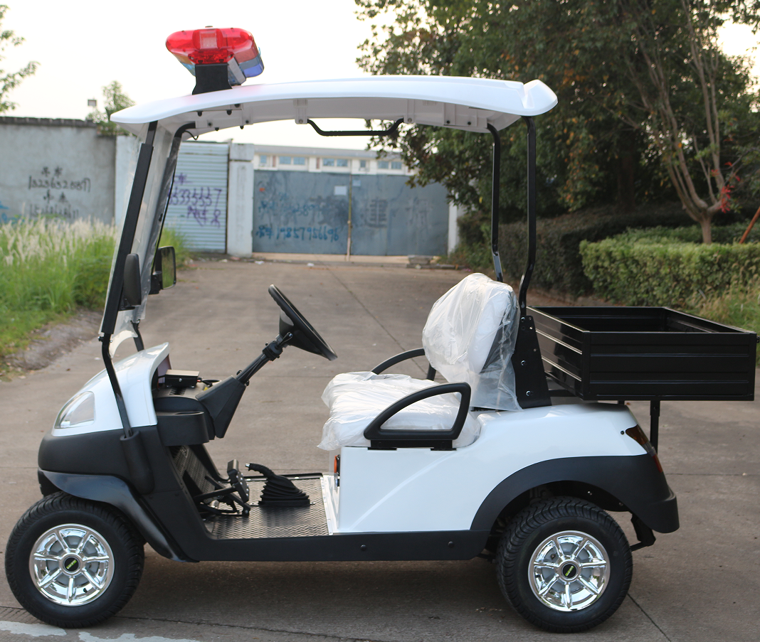 White Electric Security Golf Cart with Cargo Box, Enhancing Patrol Efficiency and Cargo Capacity