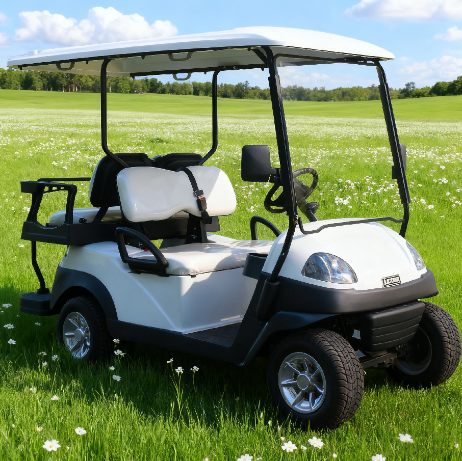 Comfortable 2-Seat White Golf Cart with Sturdy Tires for Golf Greens