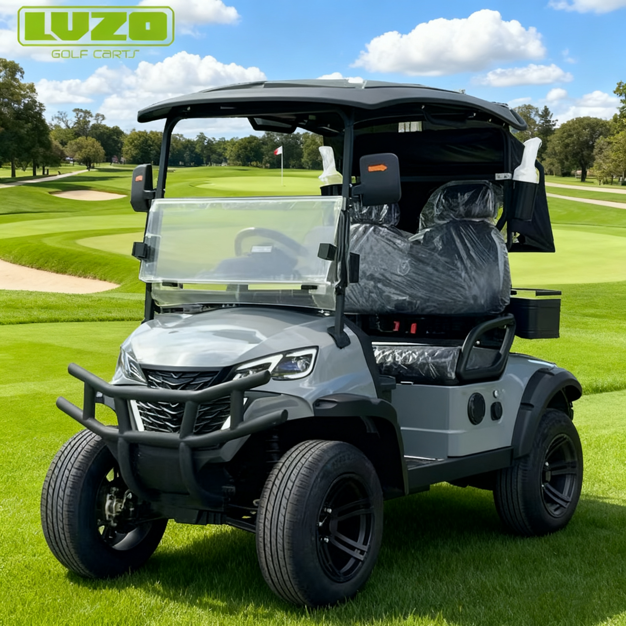 Gray LVZO Golf Cart with Rear Storage & Protected Seats for Golfers