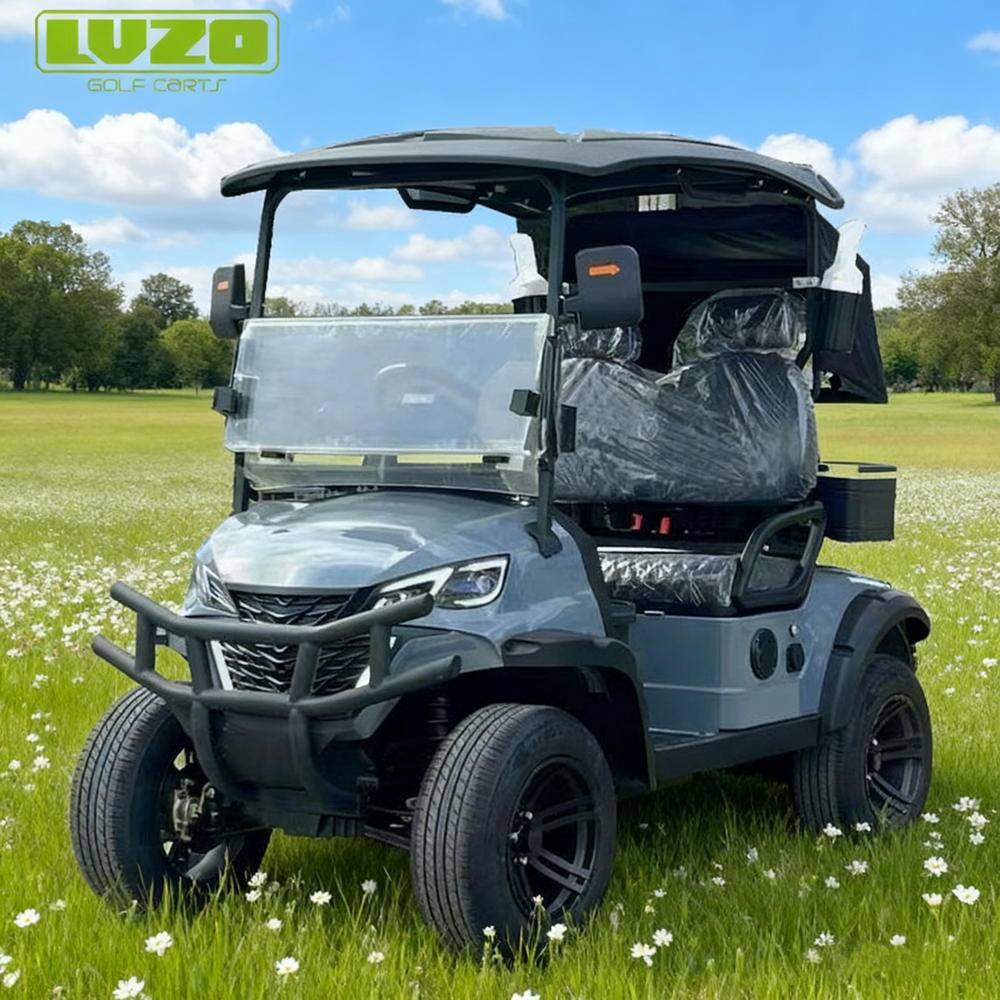 Gray LVZO Golf Cart with Rear Storage & Protected Seats for Golfers
