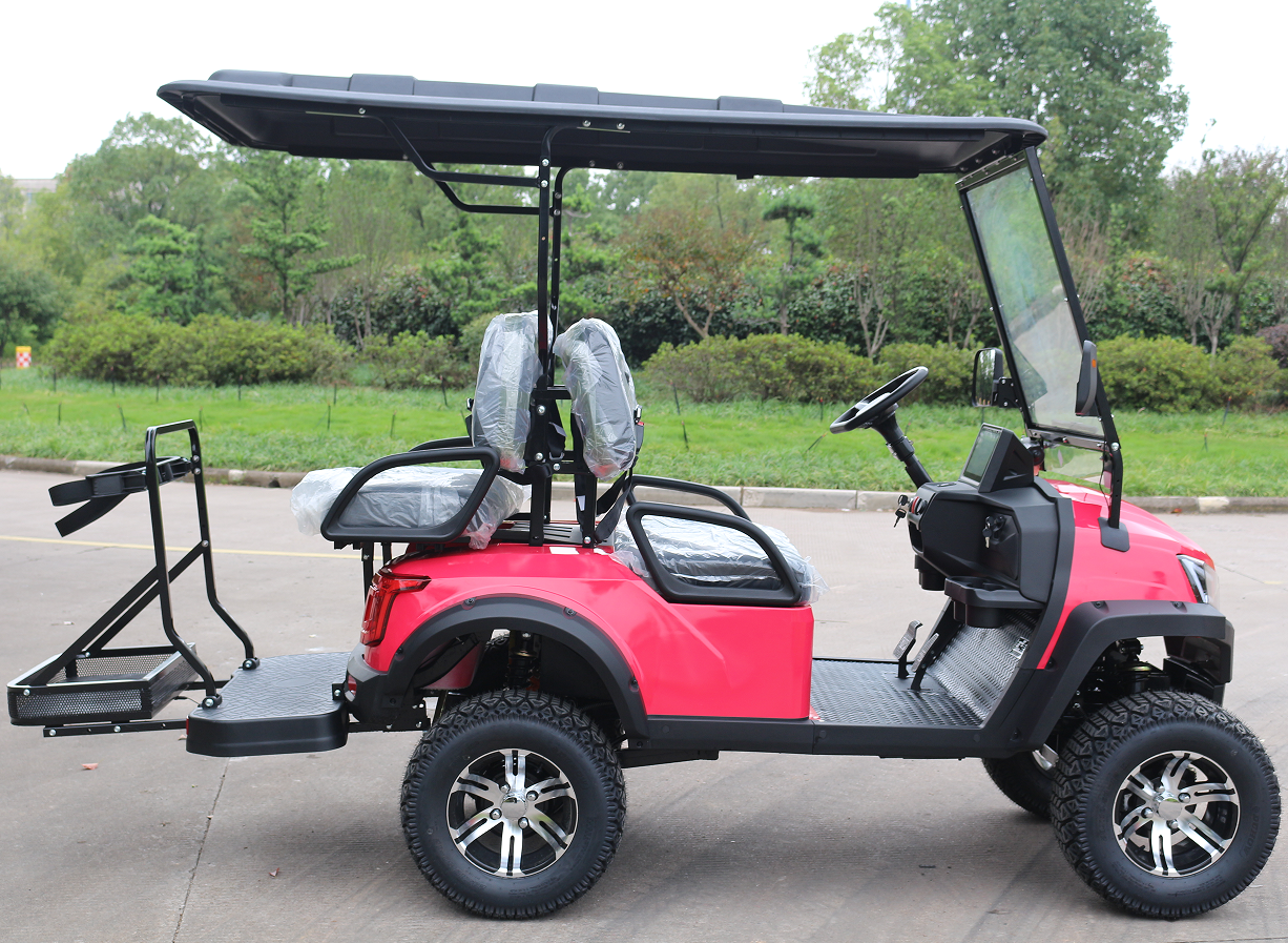 Red 4-Passenger Golf Cart with Off-Road Tires for Desert & Terrain Rides