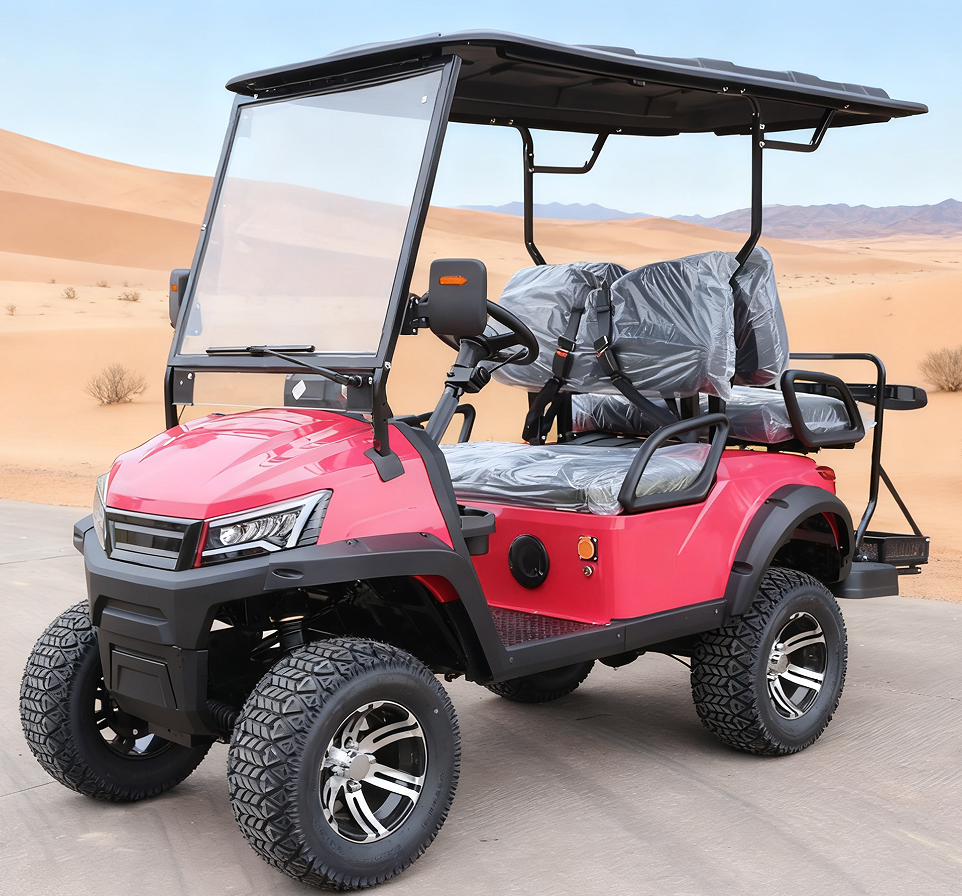 Red 4-Passenger Golf Cart with Off-Road Tires for Desert & Terrain Rides