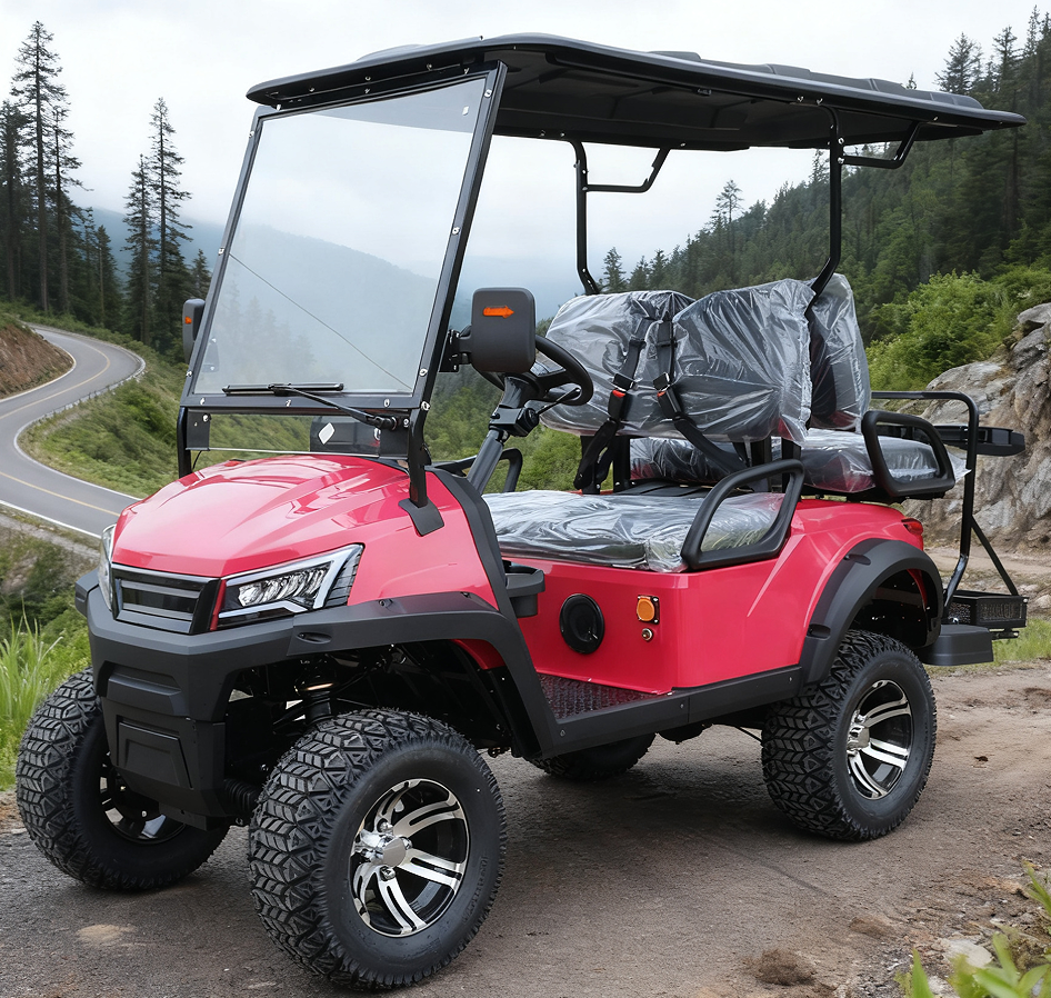 4-Seater Red Off-Road Golf Cart with Sturdy Build for Desert Terrain