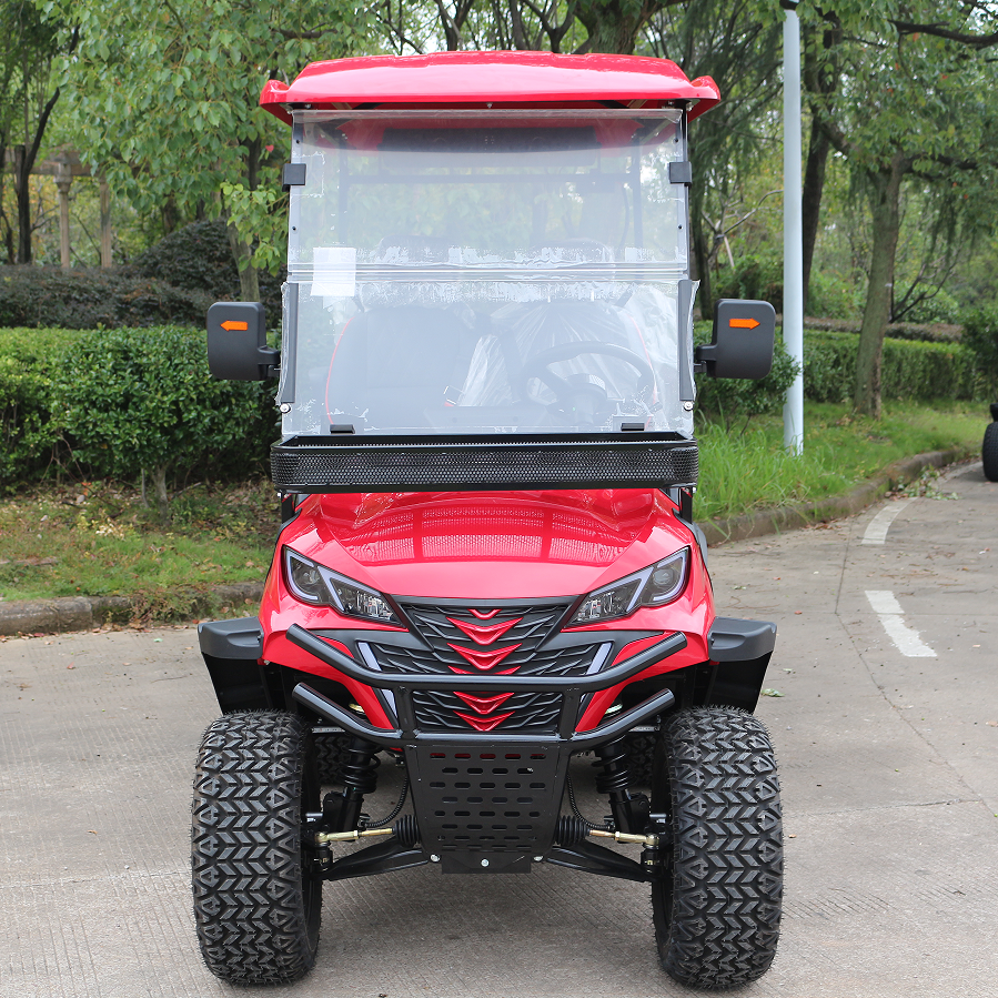 Red 4-Passenger Gasoline Golf Cart with Rugged Off-Road Tires
