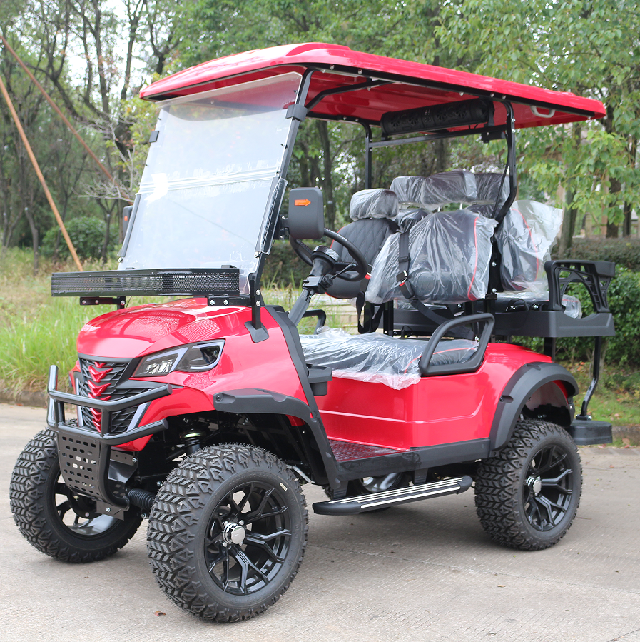 Red 4-Passenger Gasoline Golf Cart with Rugged Off-Road Tires