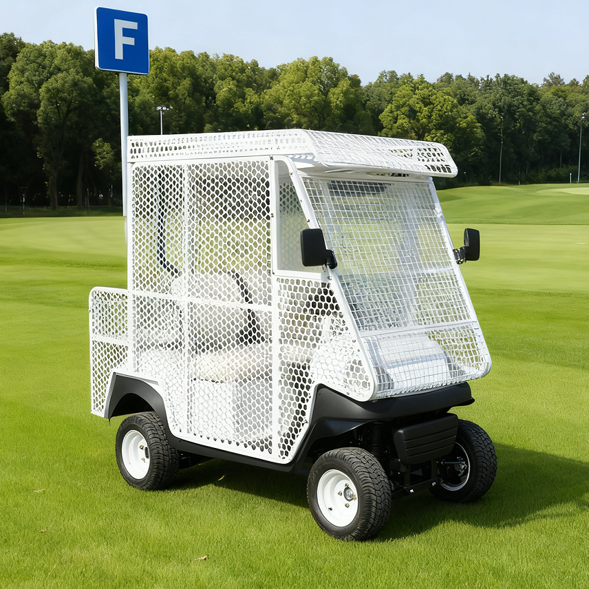 White Golf Course Service Cart with Mesh Enclosure for Small Cargo