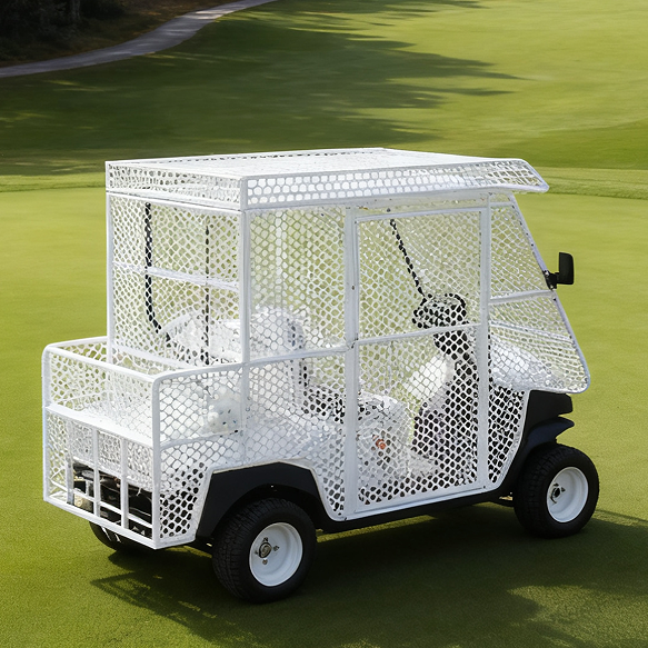 Golf Course Ball Transport Cart (White) with Protective Mesh Fence