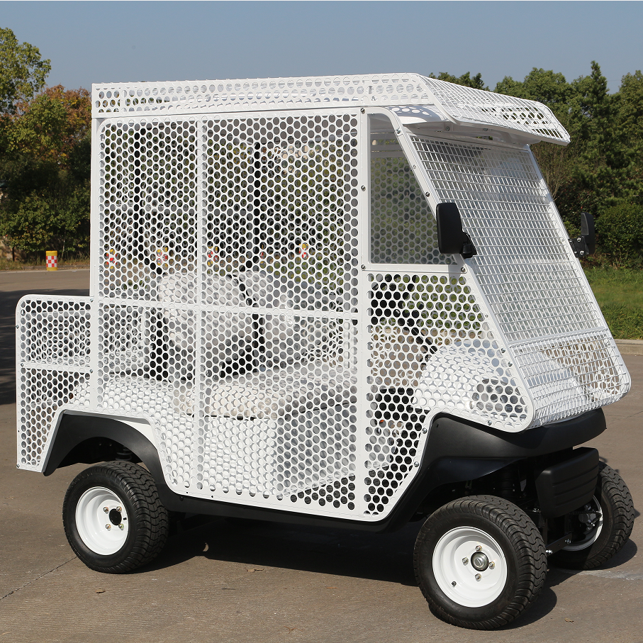 Turf-Friendly White Golf Cart with Mesh Enclosure for Course Operations