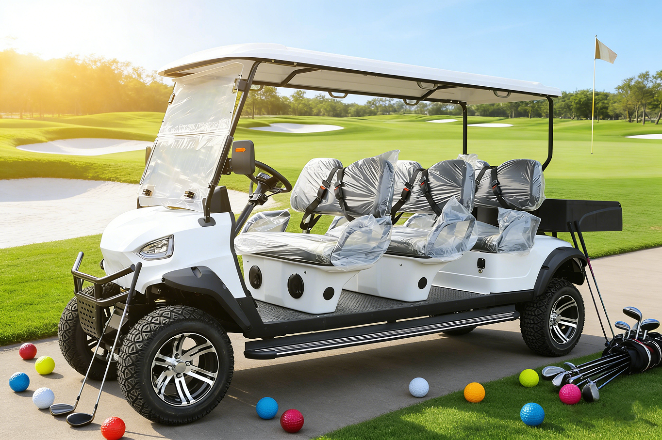 White 6-Seater Golf Cart: Rugged Tires & Cargo Space for Resort Shuttle