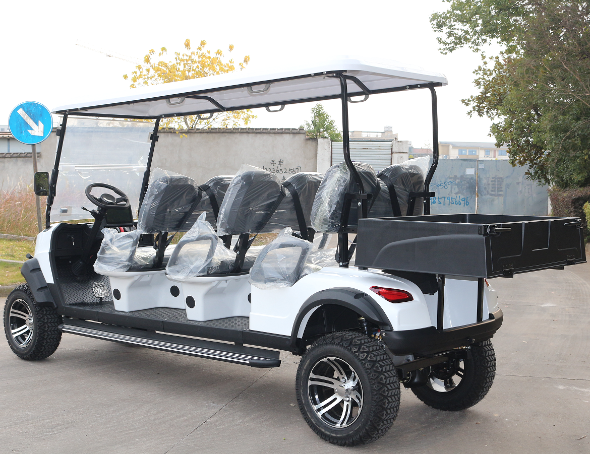 White 6-Seater Golf Cart: Rugged Tires & Cargo Space for Resort Shuttle