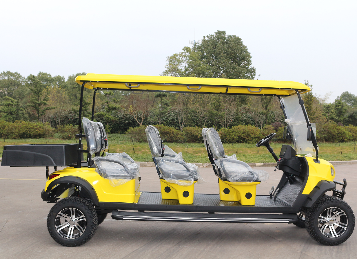 6-Passenger Yellow Golf Cart: Rear Cargo + Off-Road Tires for Golf Grounds