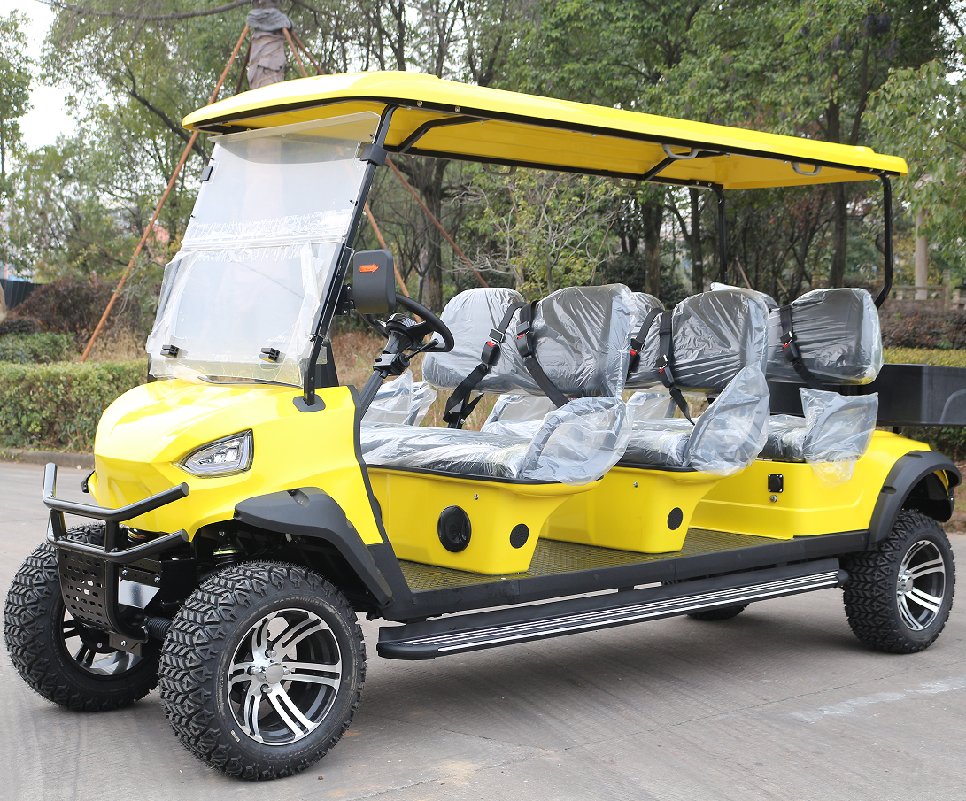 6-Passenger Yellow Golf Cart: Rear Cargo + Off-Road Tires for Golf Grounds