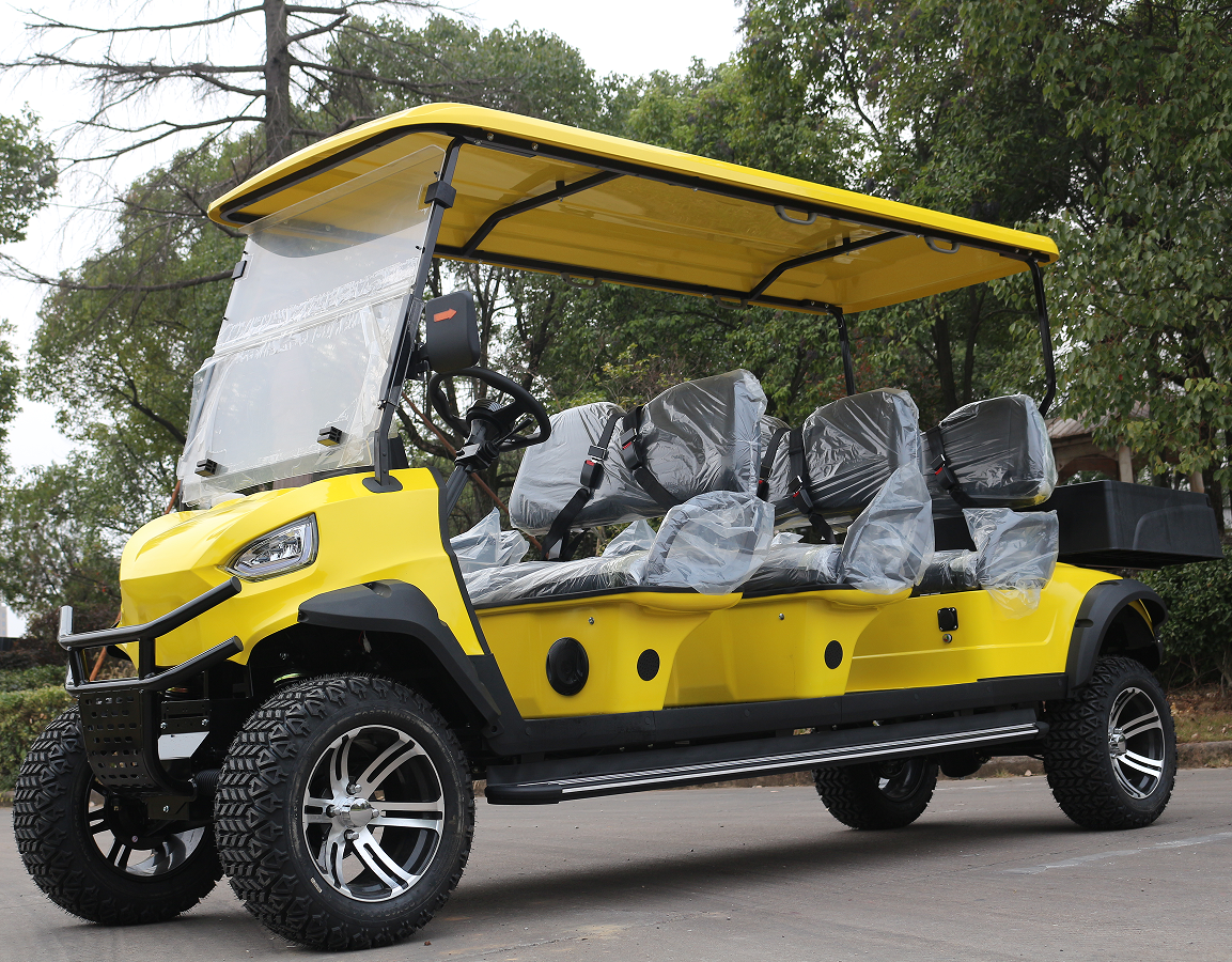 6-Passenger Yellow Golf Cart: Rear Cargo + Off-Road Tires for Golf Grounds