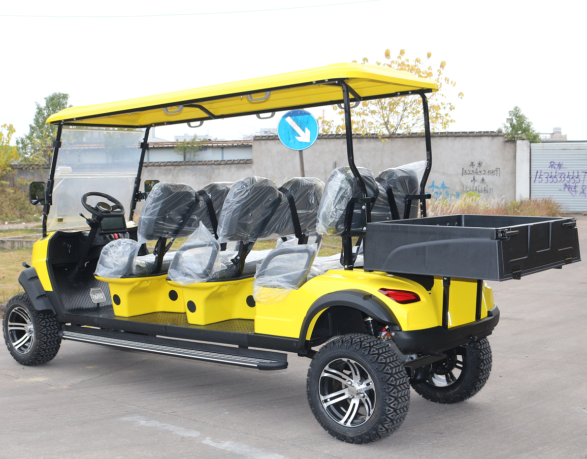 6-Passenger Yellow Golf Cart: Rear Cargo + Off-Road Tires for Golf Grounds