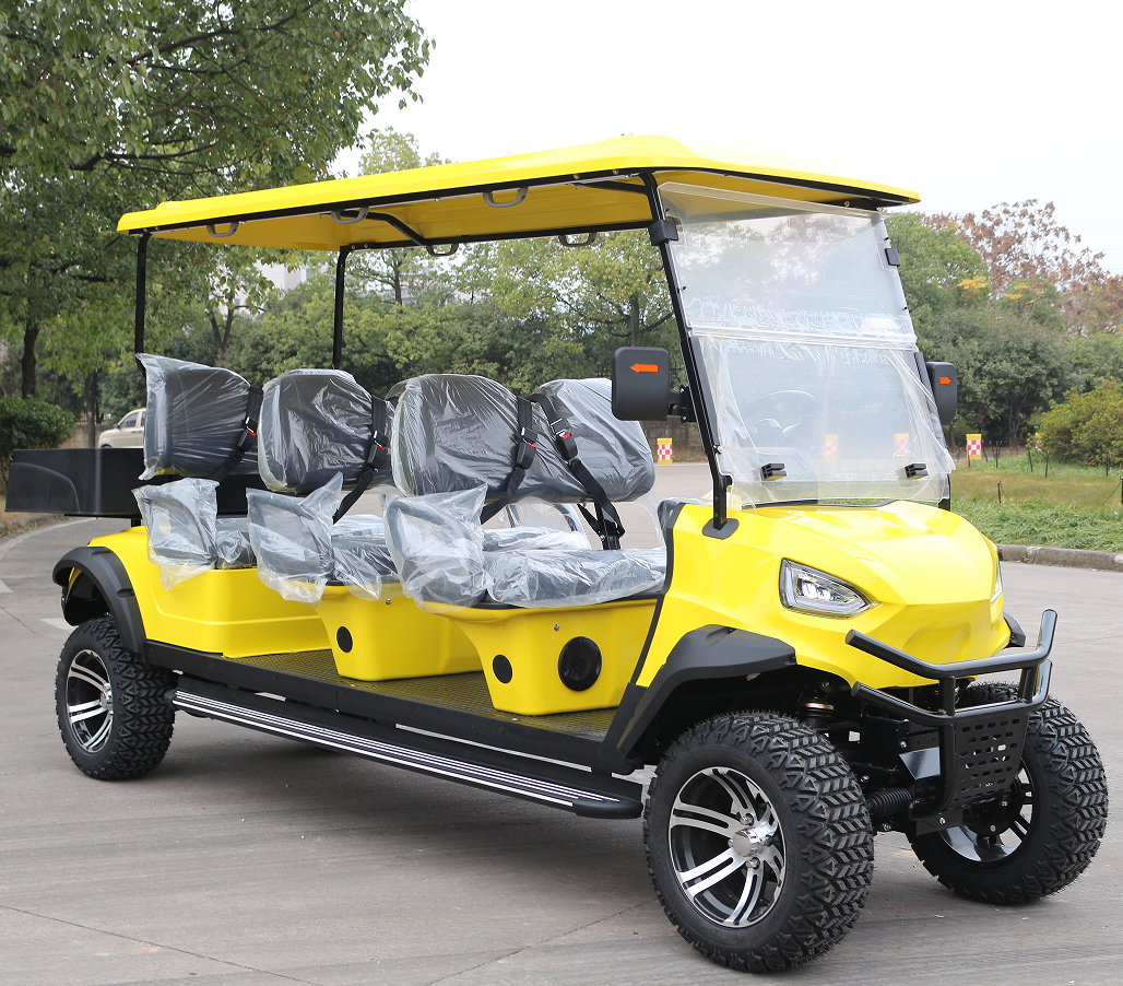 6-Passenger Yellow Golf Cart: Rear Cargo + Off-Road Tires for Golf Grounds