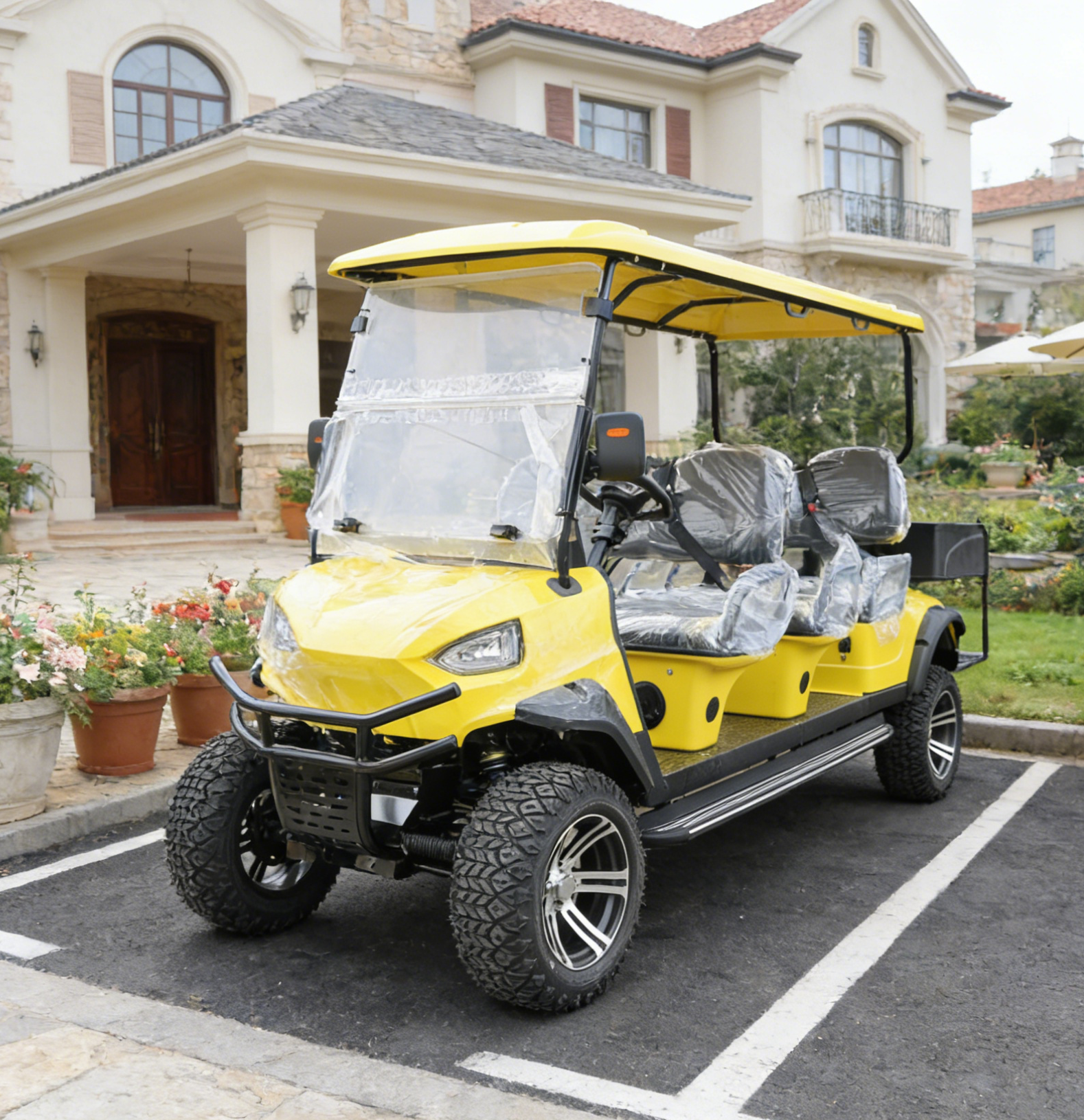 Yellow 6-Seater Golf Cart: Rear Cargo Bin for Golf & Leisure Rides