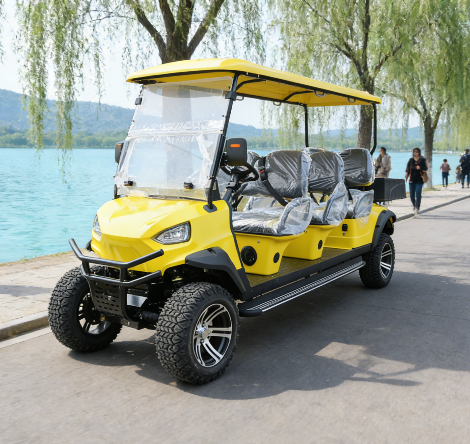 6-Seater Yellow Golf Course Cart: Rear Storage & Rugged Tires