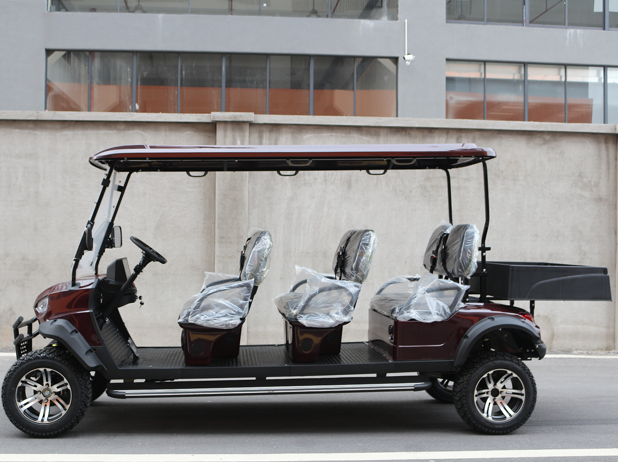 Off-Road Burgundy 6-Seater Golf Cart with Rear Storage for Transport