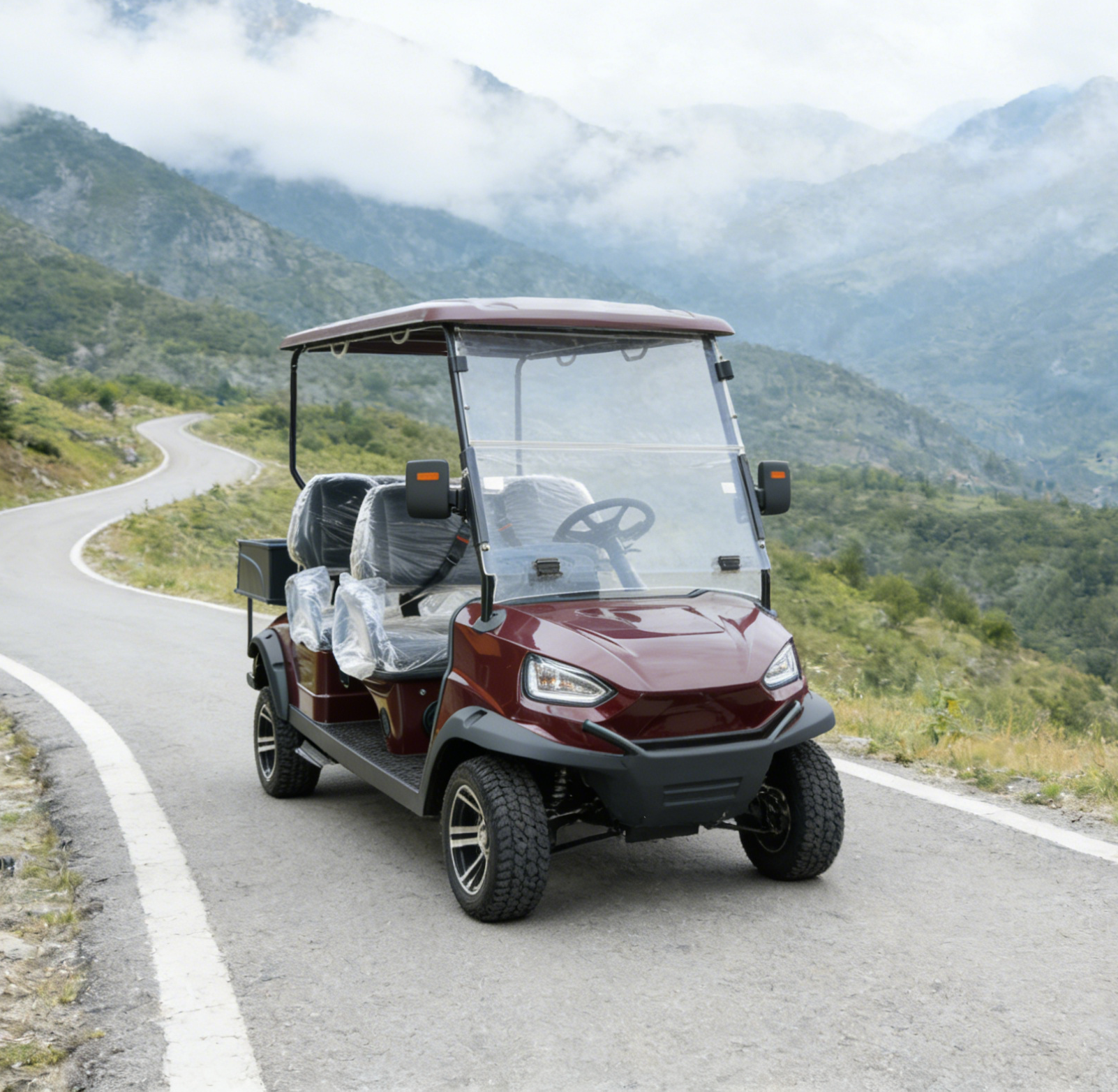 Burgundy Golf Course Cart (6 Seats) with Rear Cargo & Off-Road Build
