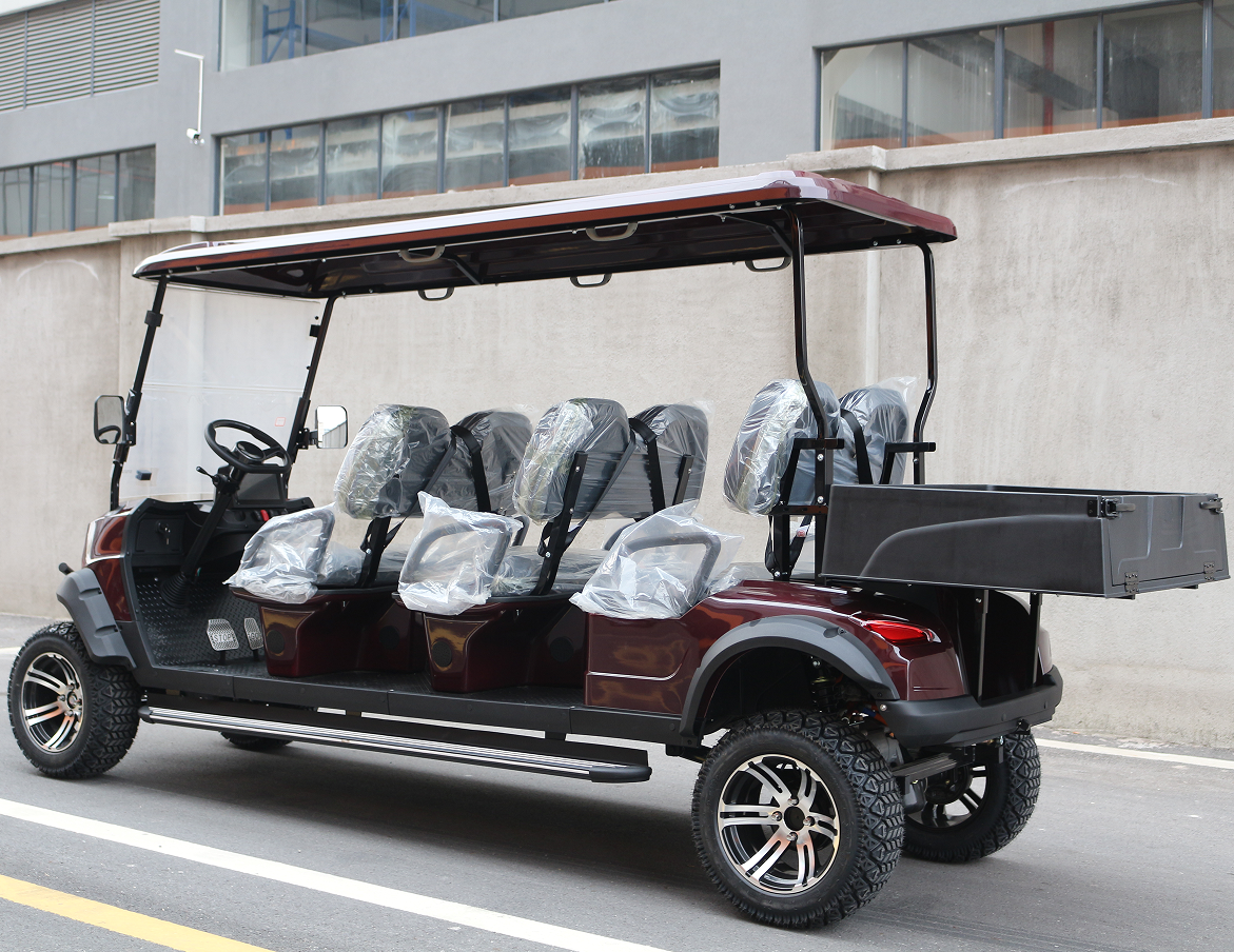 Burgundy Golf Course Cart (6 Seats) with Rear Cargo & Off-Road Build