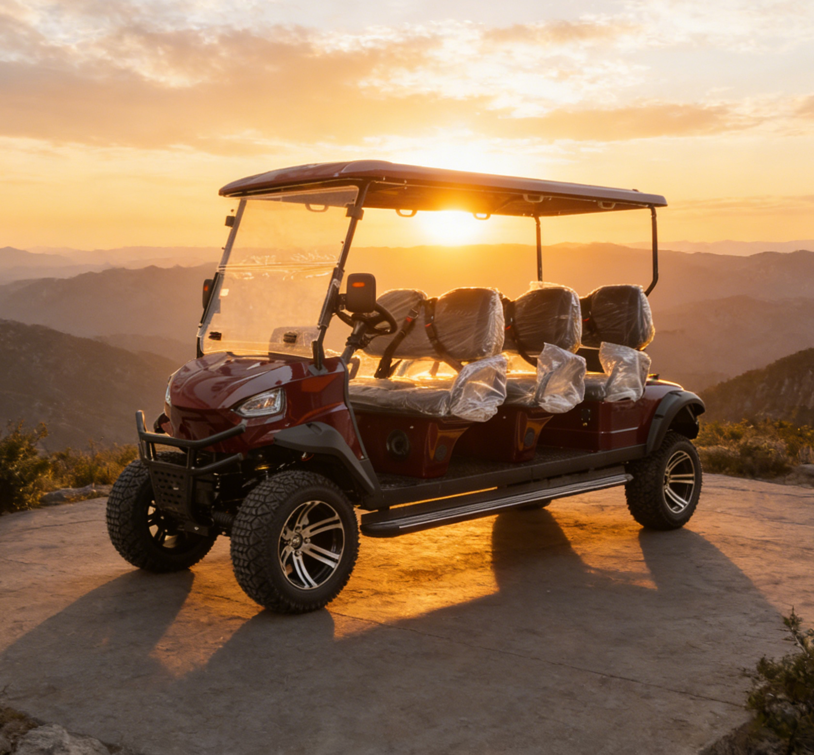 6-Seater Burgundy Golf Cart: Rear Cargo + Off-Road Tires for Leisure