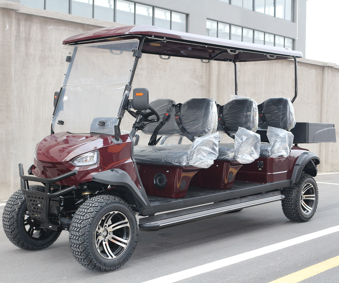 Burgundy 6-Passenger Off-Road Golf Cart with Rear Storage for Resorts