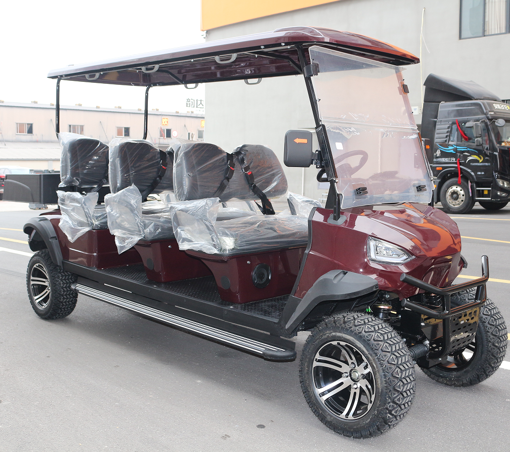Burgundy Golf Cart (6 Seats) with Rear Cargo & Rugged Terrain Capability
