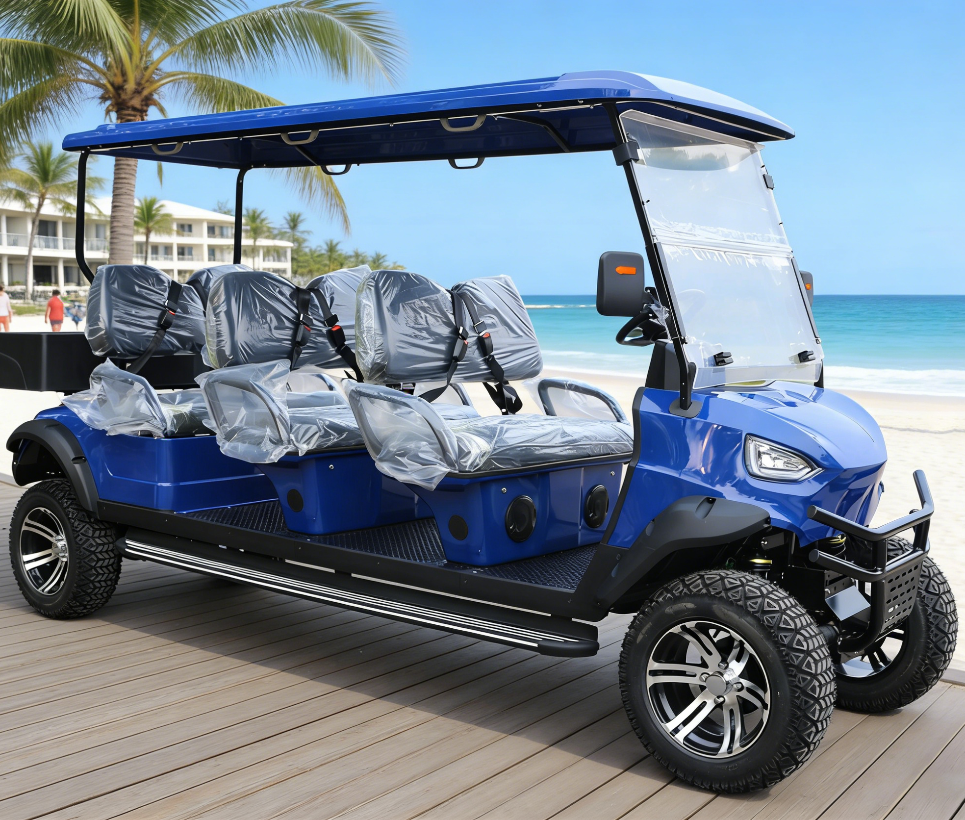 Vibrant Blue 6-Passenger Golf Cart with Rugged Tires & Cargo Area