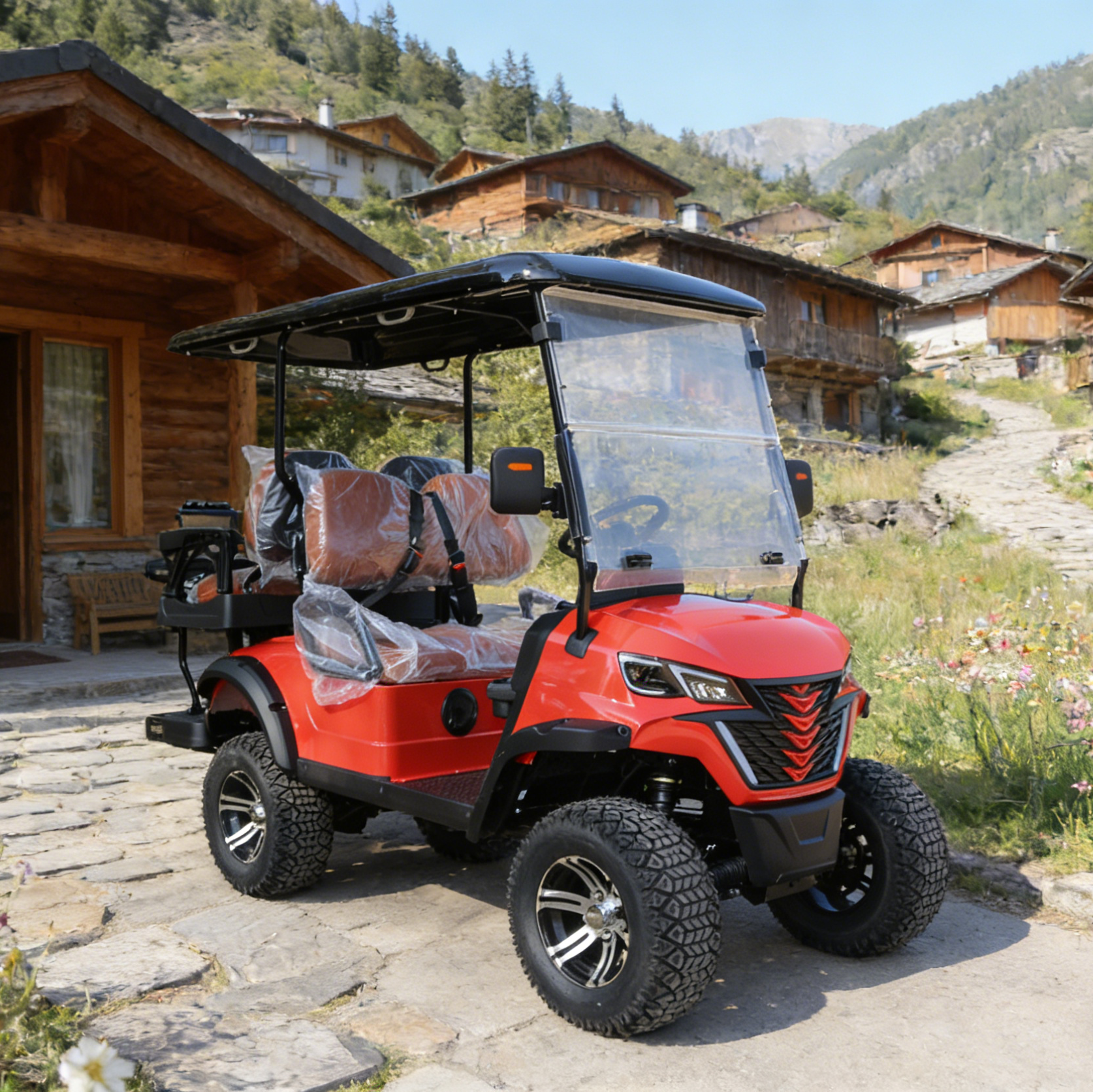 LVZO 2+2-Seat Red Golf Cart with Off-Road Tires for Golf Grounds