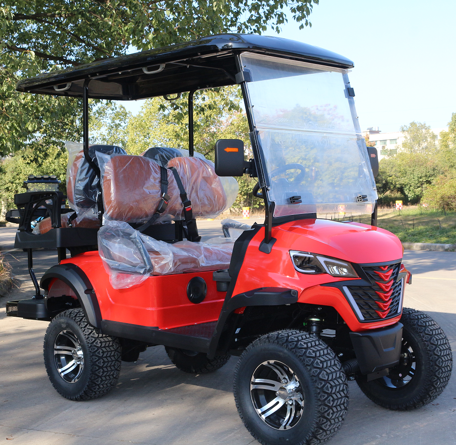 Red 2+2-Seat Golf Cart: Rugged Build for Golf Course Use