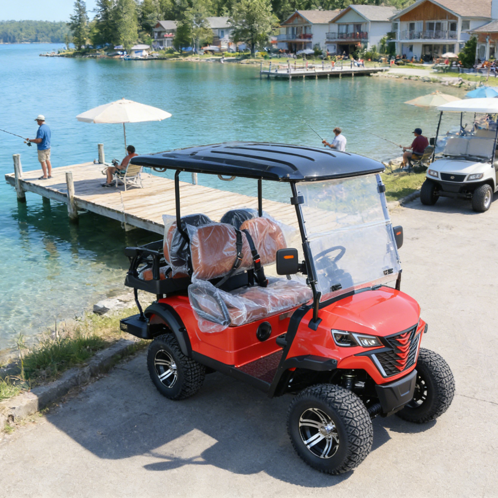 Red 2+2-Seat Golf Cart: Rugged Build for Golf Course Use