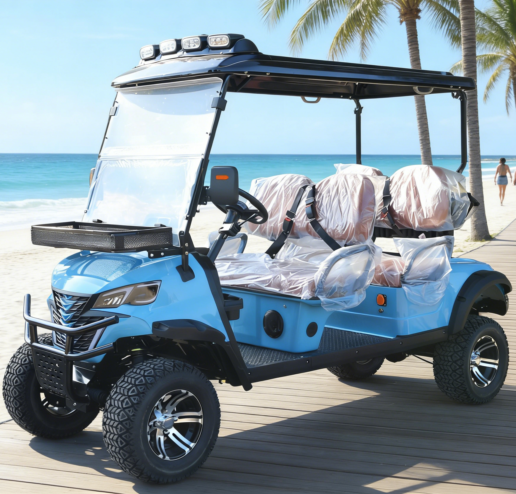 4-Seat Light Blue Golf Cart: Rugged Tires & Front Basket for Resorts