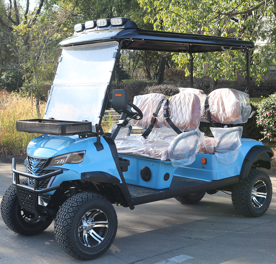 4-Seat Light Blue Golf Cart: Rugged Tires & Front Basket for Resorts